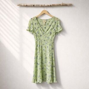 April Cornell Dress Women Medium Green Floral V-Neck Cottagecore Vintage 90s